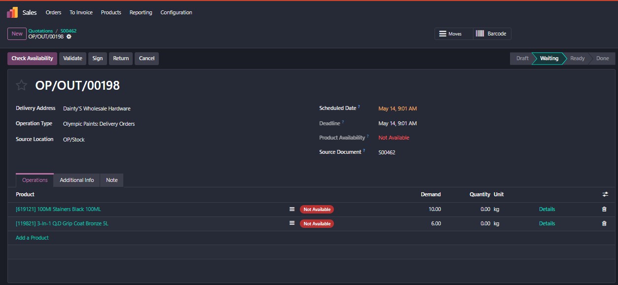 Live Odoo — OP/OUT/00193 in Waiting state, both lines Not Available