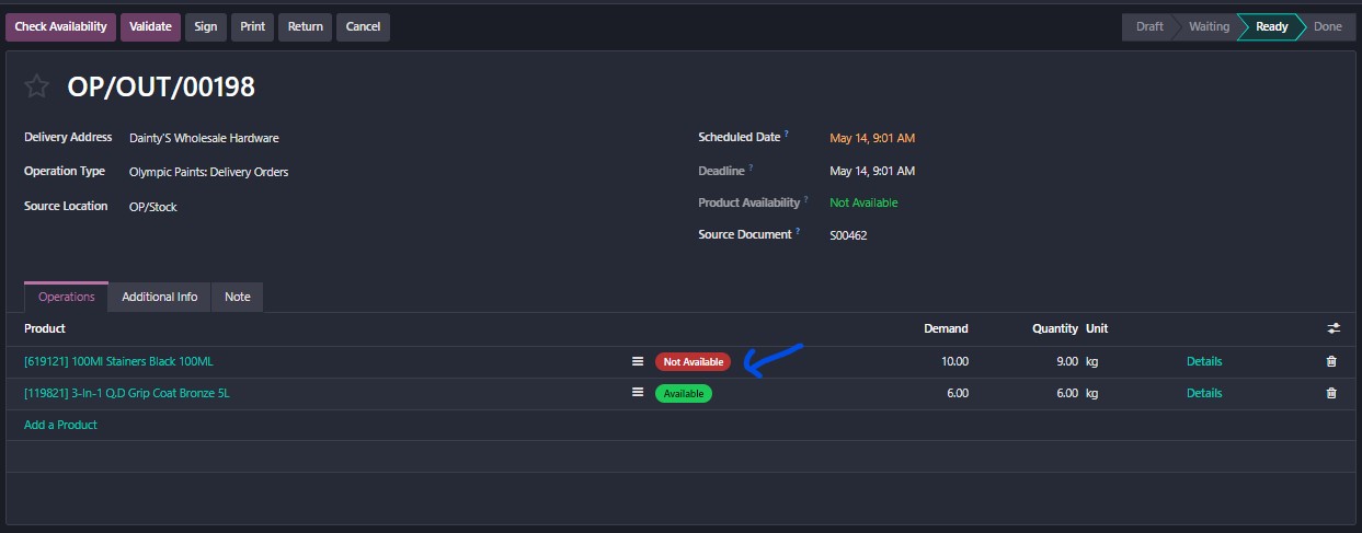 Live Odoo — second view of the Check Availability result on the delivery