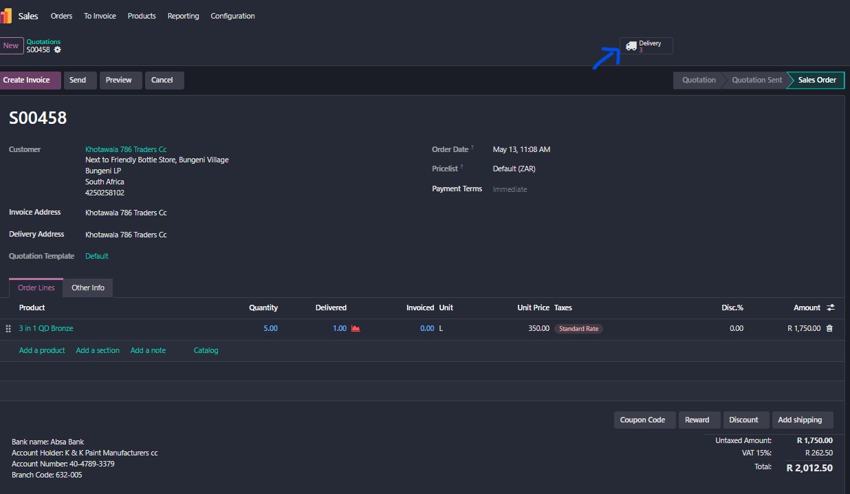 Live Odoo — Two delivery records: original Done, backorder Ready