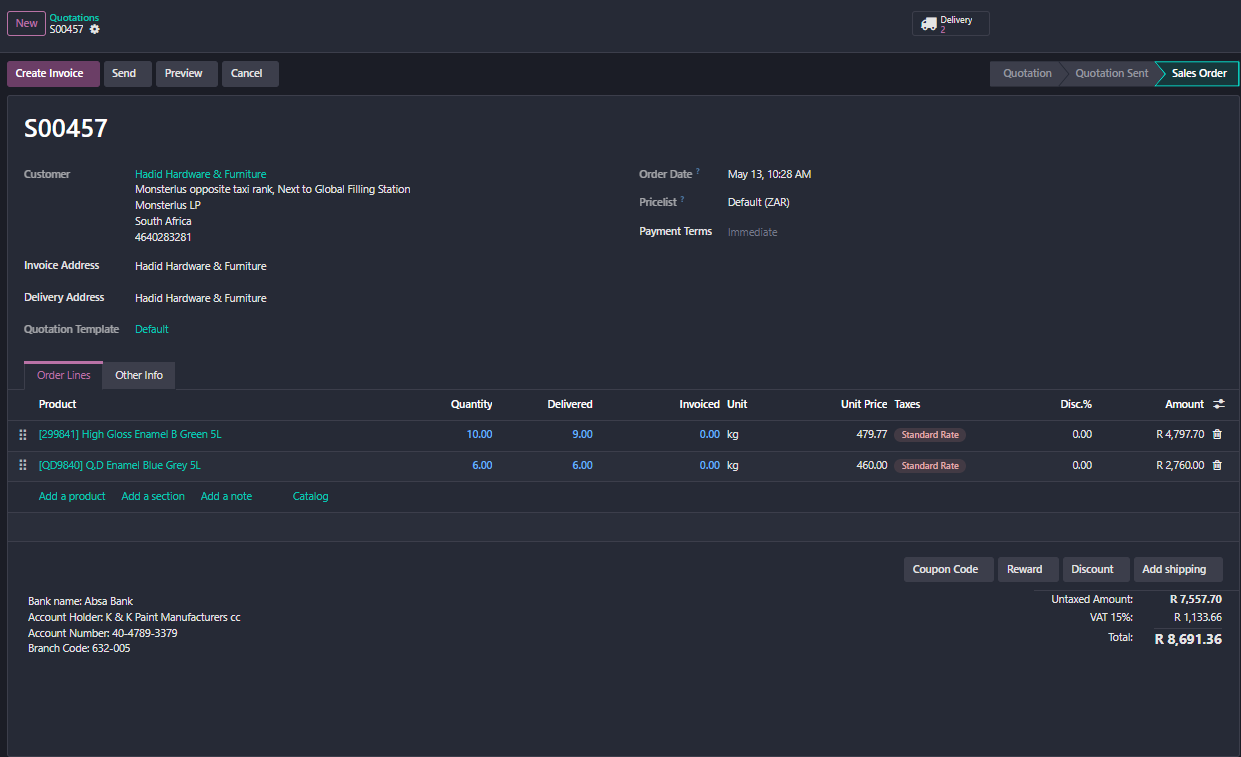 Live Odoo — Sales Order showing Quantity 10, Delivered 9, Invoiced 0