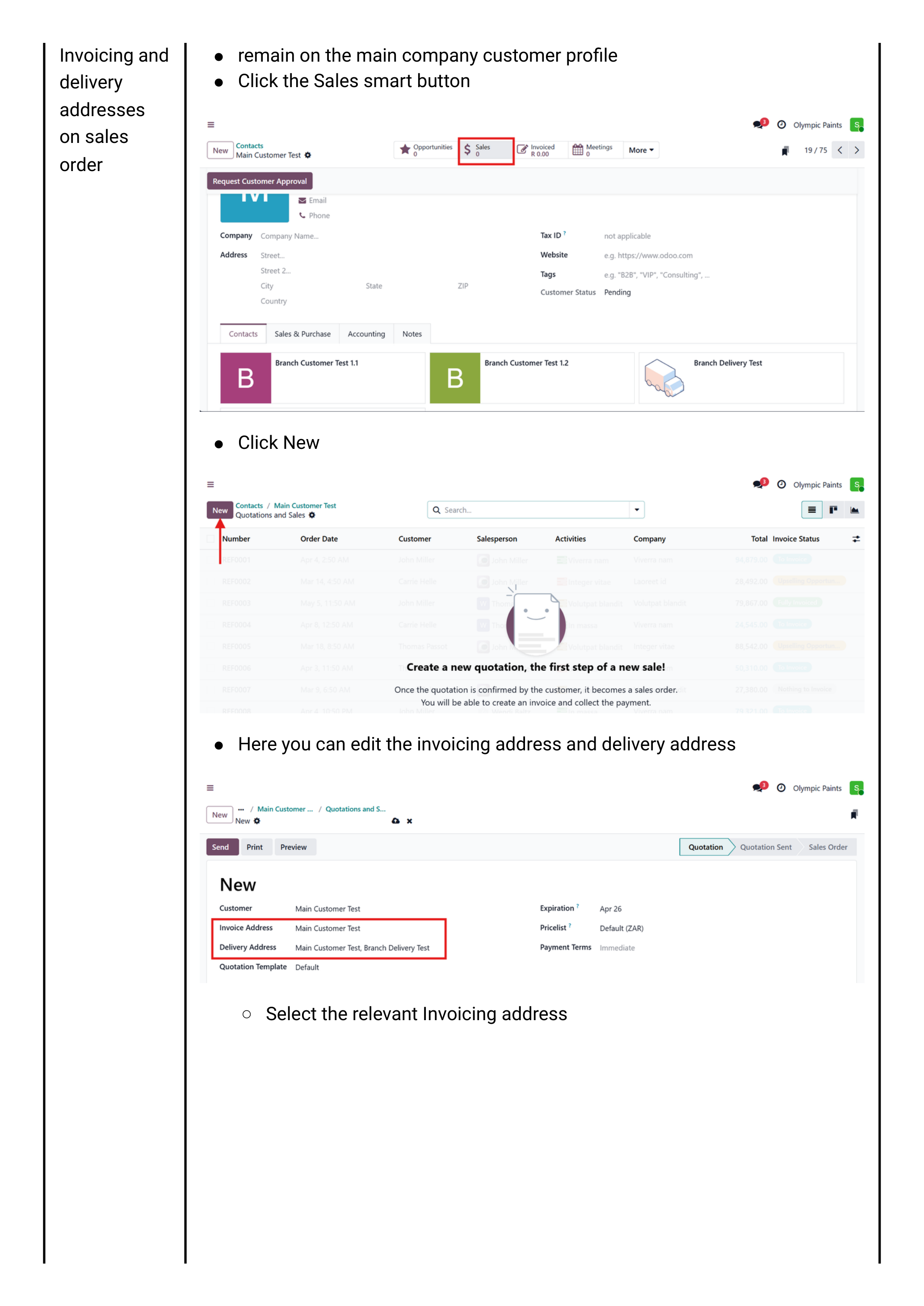 Sprint 1 — selecting invoicing and delivery addresses on the SO
